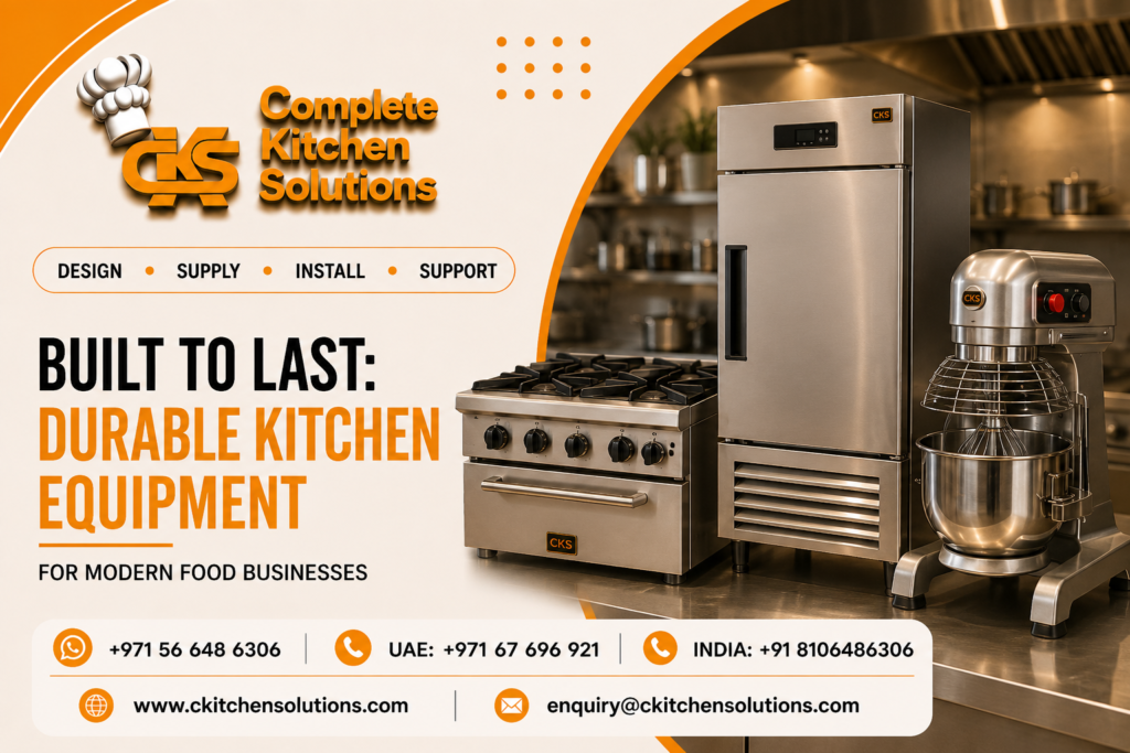 A promotional banner for "Complete Kitchen Solutions" titled "Built to Last: Durable Kitchen Equipment for Modern Food Businesses," featuring heavy-duty stainless steel commercial appliances, including a four-burner gas range, a tall single-door upright refrigerator, and a commercial planetary stand mixer on a kitchen countertop.