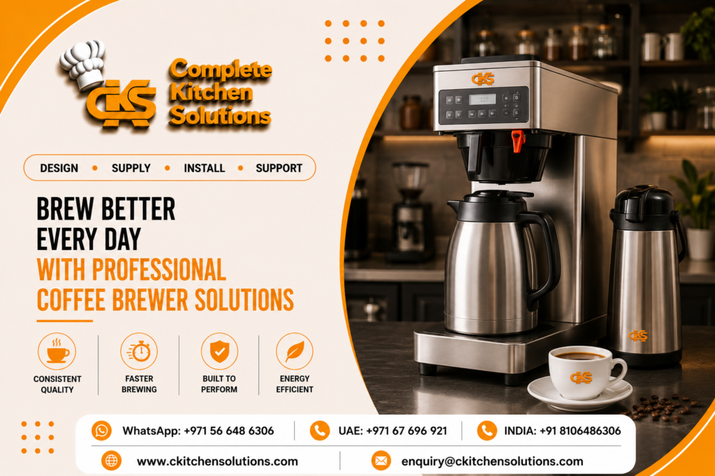 A promotional banner for "Complete Kitchen Solutions" titled "Brew Better Every Day with Professional Coffee Brewer Solutions," featuring a stainless steel commercial thermal coffee brewer machine with a large insulated carafe, an additional thermal airpot dispenser, and a filled ceramic coffee cup on a countertop.