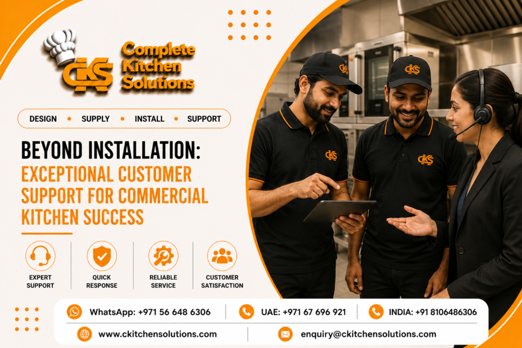 A promotional banner for "Complete Kitchen Solutions" titled "Beyond Installation: Exceptional Customer Support for Commercial Kitchen Success," featuring a female support representative with a headset speaking alongside two male service technicians reviewing a digital tablet inside a professional kitchen.