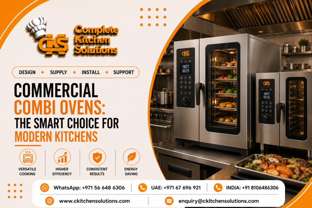 A promotional banner for "Complete Kitchen Solutions" titled "Commercial Combi Ovens: The Smart Choice for Modern Kitchens," featuring two multi-tier stainless steel industrial combination ovens operating on a countertop, with a prepared tray of roasted chicken and vegetables in the foreground.