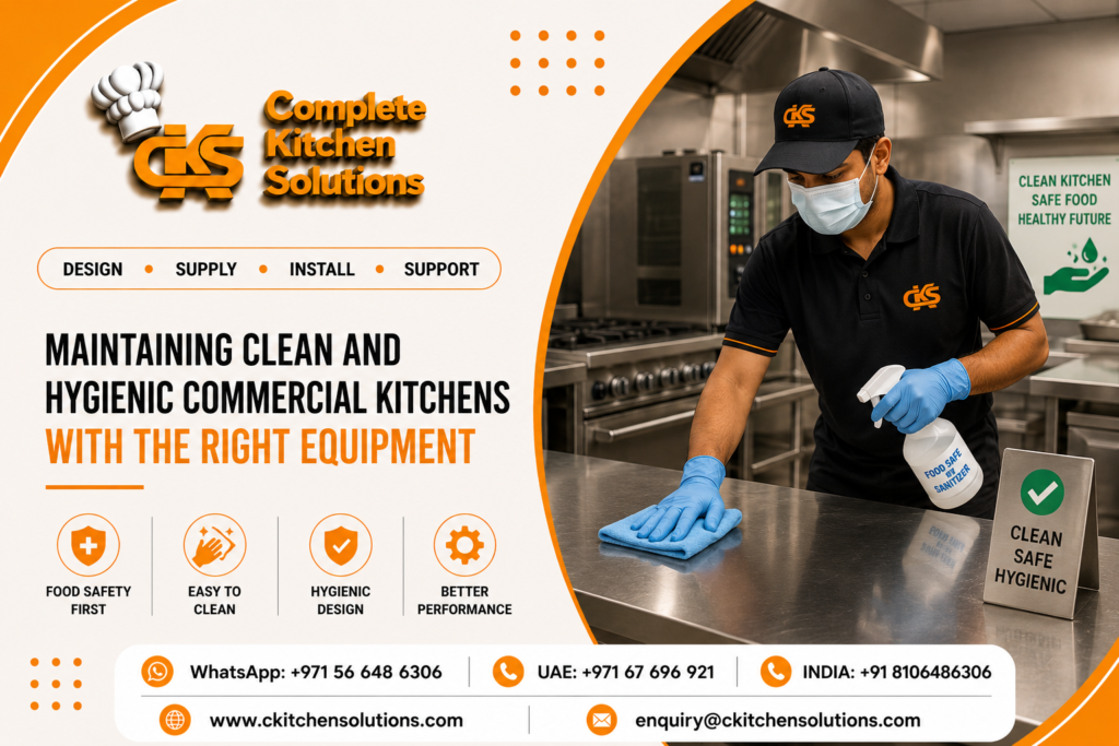 A promotional banner for "Complete Kitchen Solutions" titled "Maintaining Clean and Hygienic Commercial Kitchens with the Right Equipment," featuring a service technician in a branded cap, face mask, and blue gloves sanitizing a stainless steel countertop with a spray bottle and microfibre cloth inside an industrial kitchen.