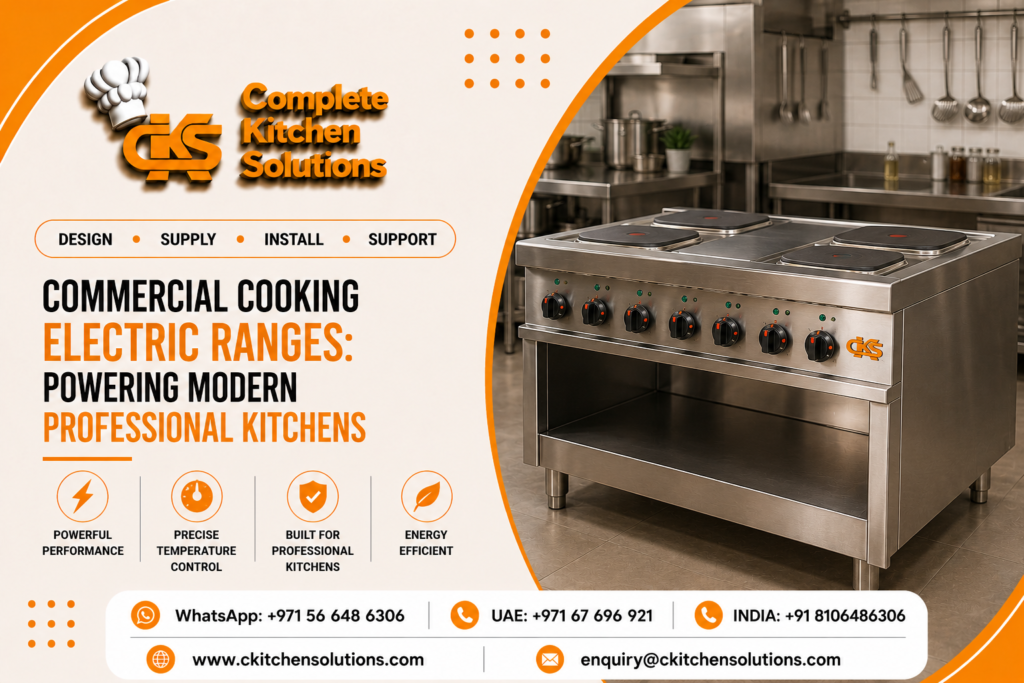 A promotional banner for "Complete Kitchen Solutions" titled "Commercial Cooking Electric Ranges: Powering Modern Professional Kitchens," featuring a heavy-duty stainless steel commercial four-hotplate electric cooking range with an open base storage shelf, positioned in a professional kitchen environment.