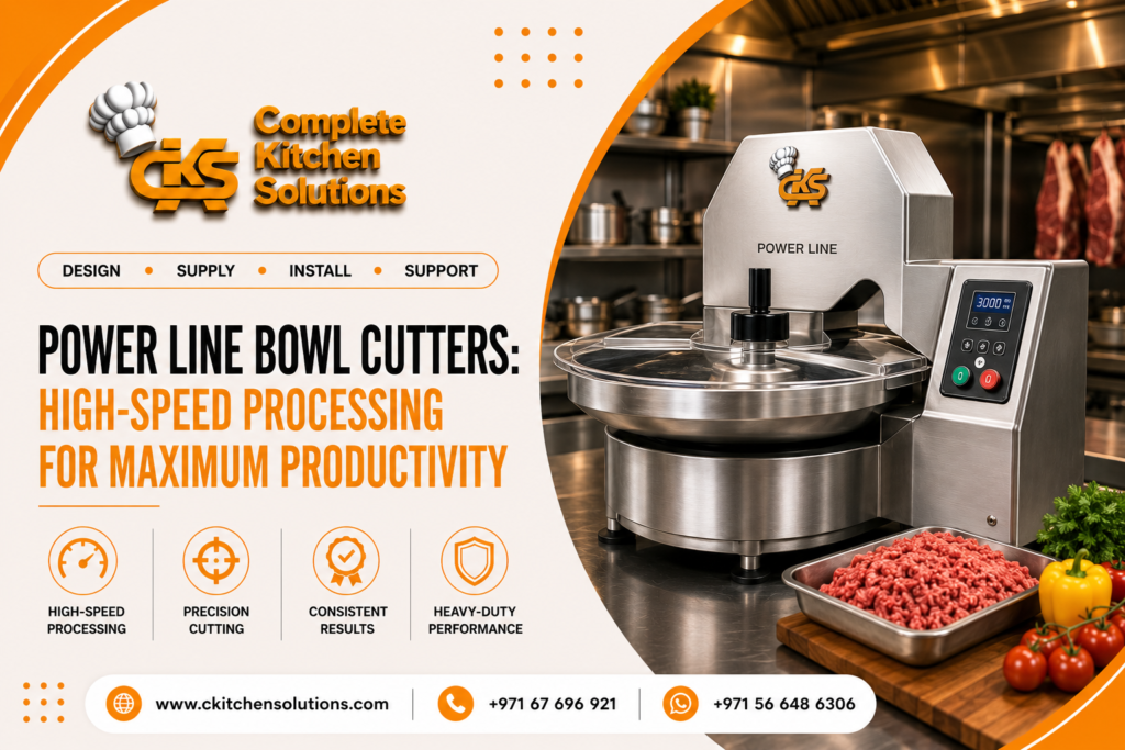 A promotional banner for "Complete Kitchen Solutions" titled "Power Line Bowl Cutters: High-Speed Processing for Maximum Productivity," featuring a heavy-duty stainless steel commercial bowl cutter on a metal counter next to a tray of minced raw meat, fresh tomatoes, and a bell pepper.