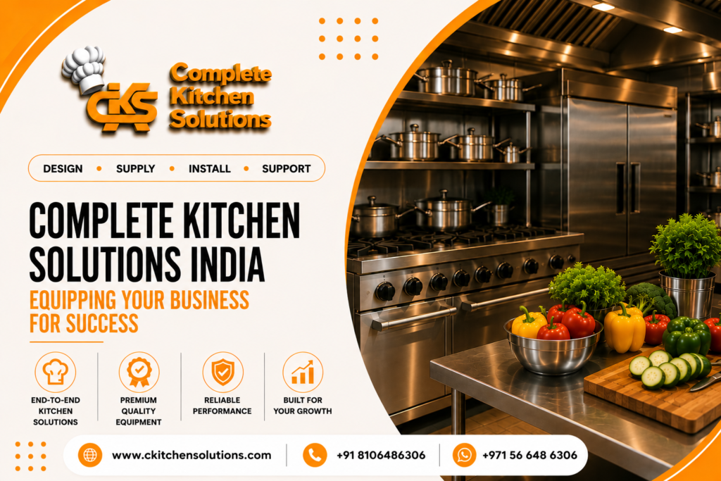 A promotional banner for "Complete Kitchen Solutions" titled "Power Line Bowl Cutters: High-Speed Processing for Maximum Productivity," featuring a heavy-duty stainless steel commercial bowl cutter on a metal counter next to a tray of minced raw meat, fresh tomatoes, and a bell pepper.