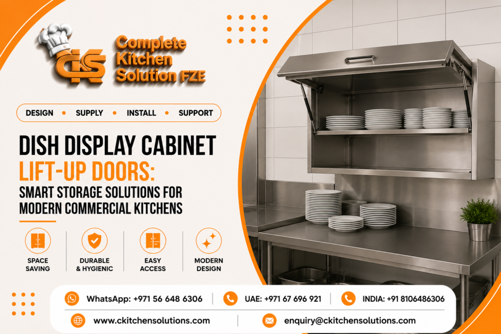 A promotional banner for "Complete Kitchen Solution FZE" titled "Dish Display Cabinet Lift-Up Doors: Smart Storage Solutions for Modern Commercial Kitchens," featuring a wall-mounted stainless steel dish storage cabinet with an open lift-up door revealing stacked white plates inside a professional commercial kitchen.