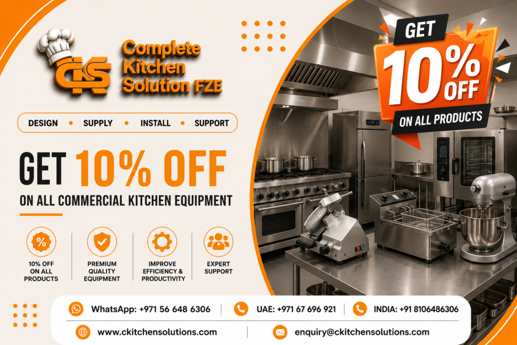 A promotional discount banner for "Complete Kitchen Solution FZE" titled "Get 10% Off on All Commercial Kitchen Equipment," featuring a high-brightness orange promotional tag reading "GET 10% OFF ON ALL PRODUCTS" positioned above a stainless steel commercial kitchen countertop equipped with an electric meat slicer, a tabletop deep fryer, a planetary mixer, and a combi oven.
