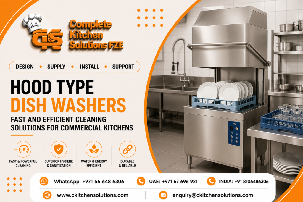 A promotional banner for "Complete Kitchen Solutions FZE" titled "Hood Type Dishwashers: Fast and Efficient Cleaning Solutions for Commercial Kitchens," featuring a heavy-duty stainless steel pass-through hood dishwasher with an open hood displaying a rack loaded with clean white plates inside a professional dishwashing area.