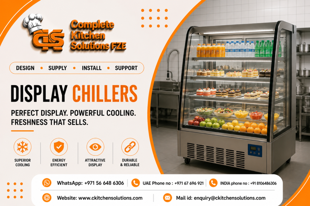 A modern commercial display chiller on wheels filled with bottled drinks, mini cakes, salads, and fresh fruits in a commercial kitchen, branded by Complete Kitchen Solutions FZE.