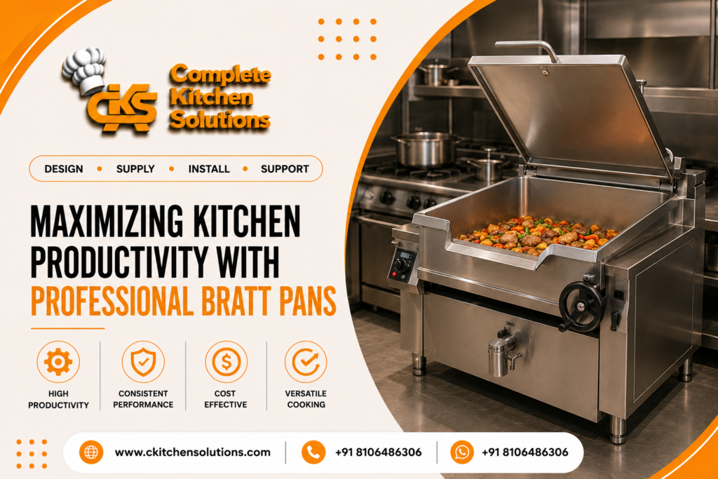 A promotional banner for "Complete Kitchen Solutions" titled "Maximizing Kitchen Productivity with Professional Bratt Pans," featuring a heavy-duty stainless steel commercial tilting bratt pan cooker with its lid propped open, cooking a large batch of meats and vegetables inside an industrial kitchen.