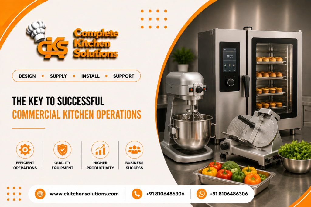A promotional banner for "Complete Kitchen Solutions" titled "The Key to Successful Commercial Kitchen Operations," featuring a compilation of commercial kitchen hardware including a combi oven, a planetary stand mixer, and a deli meat slicer on a stainless steel workspace.