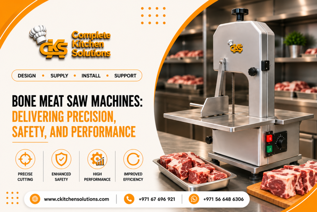 A promotional banner for "Complete Kitchen Solutions" titled "Bone Meat Saw Machines: Delivering Precision, Safety, and Performance," featuring a heavy-duty stainless steel commercial bone saw machine on a metal counter alongside a tray of diced raw meat and bone-in meat cuts.