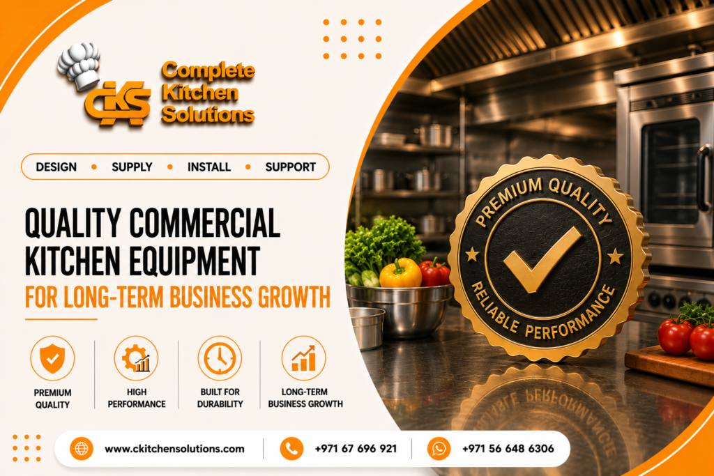 A promotional banner for "Complete Kitchen Solutions" titled "Quality Commercial Kitchen Equipment for Long-Term Business Growth," featuring a large golden "Premium Quality" seal badge resting on a polished commercial kitchen countertop alongside fresh vegetables and stainless steel cookware.