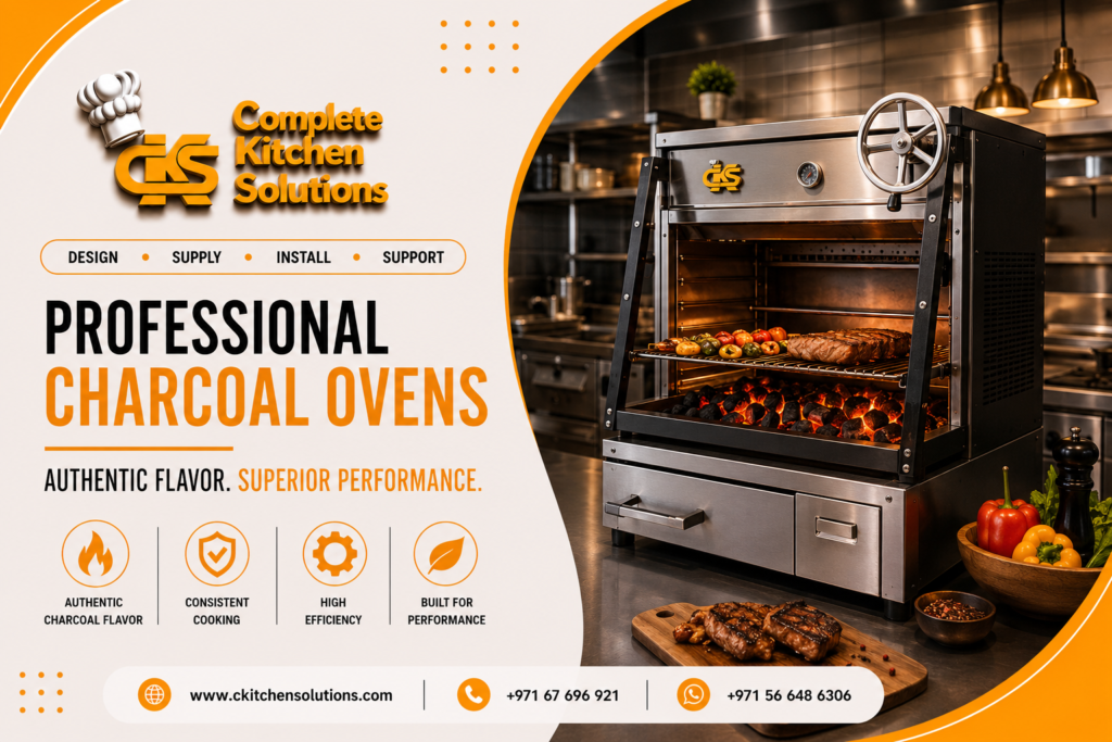 An informational marketing banner showing a heavy-duty stainless steel professional charcoal oven with glowing hot coals, grilling steaks and vegetables in a commercial kitchen setting.