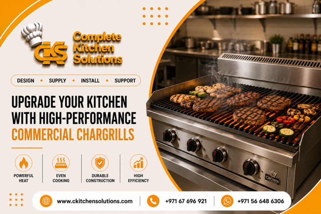 A promotional banner for "Complete Kitchen Solutions" titled "Upgrade Your Kitchen with High-Performance Commercial Chargrills," featuring a heavy-duty stainless steel "Crown" brand commercial chargrill searing steaks, chicken breasts, and sliced vegetables over glowing grates inside a professional kitchen.