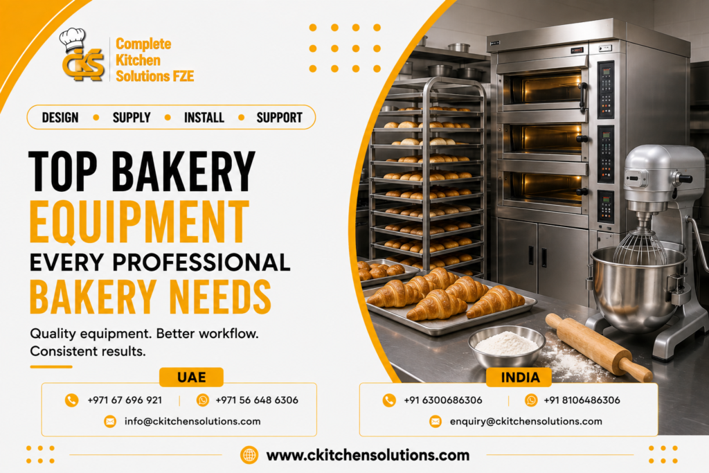 A promotional banner for "Complete Kitchen Solutions FZE" titled "Top Bakery Equipment Every Professional Bakery Needs," featuring a multi-deck commercial baking oven, a mobile bread cooling rack cart, a heavy-duty planetary dough mixer, freshly baked croissants, a rolling pin, and a bowl of flour on a stainless steel bakery worktable.