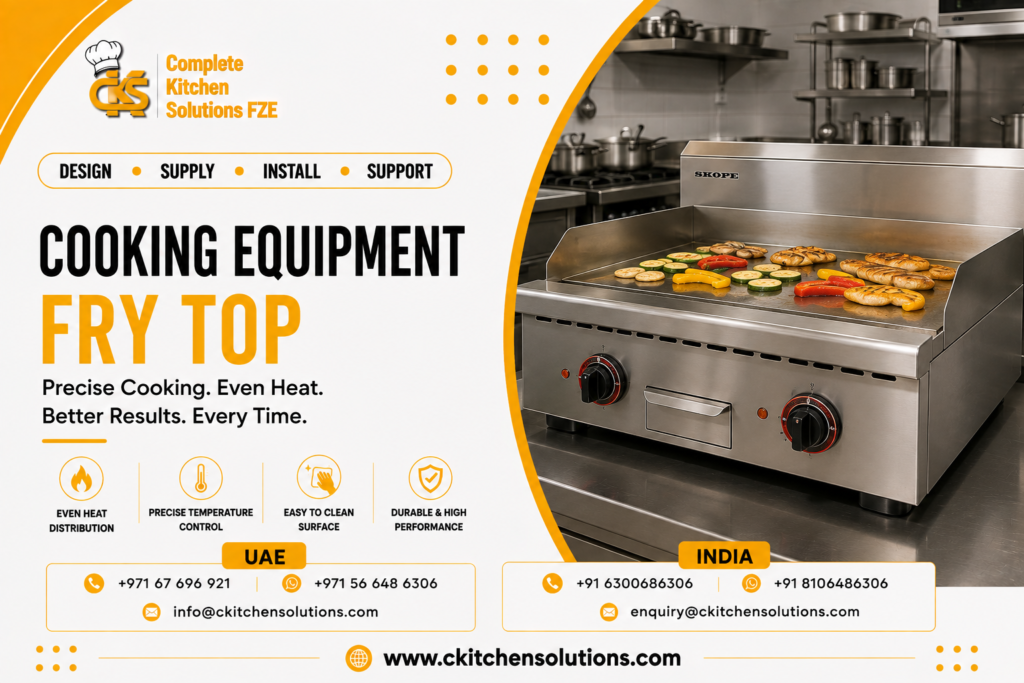 A promotional banner for "Complete Kitchen Solutions FZE" titled "Cooking Equipment Fry Top: Precise Cooking. Even Heat. Better Results. Every Time," featuring a heavy-duty stainless steel countertop flat-top griddle actively searing sliced vegetables, peppers, and sausages in a professional commercial kitchen line.
