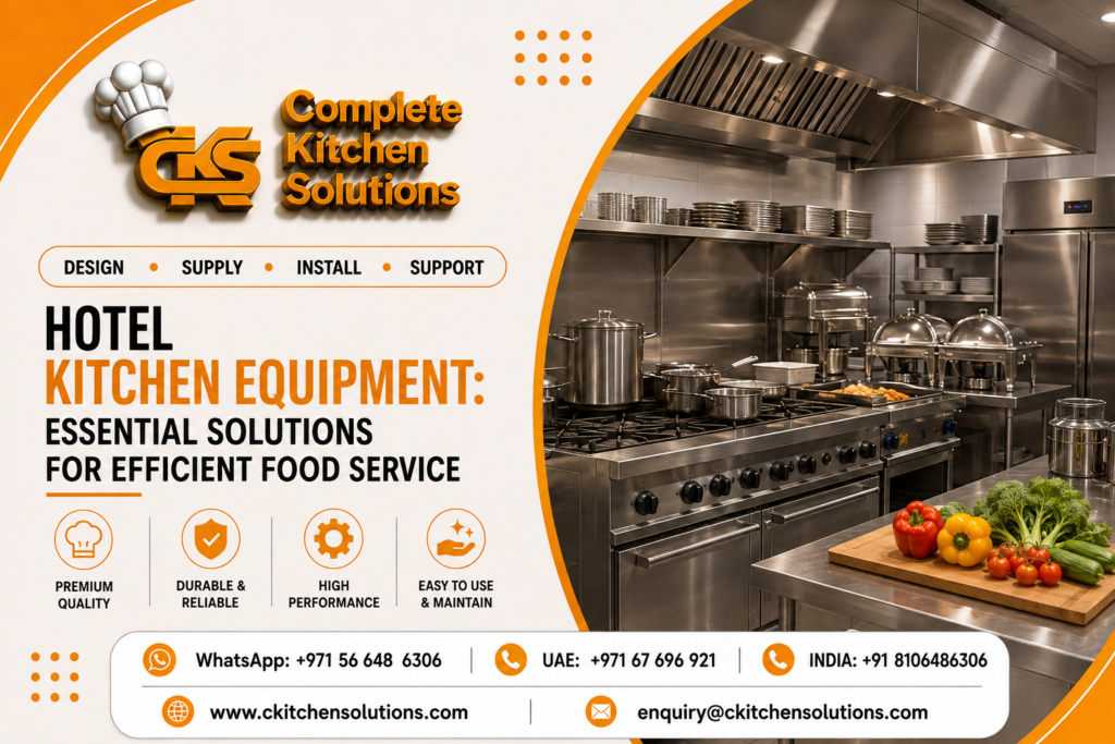 A promotional banner for "Complete Kitchen Solutions" titled "Hotel Kitchen Equipment: Essential Solutions for Efficient Food Service," featuring a commercial hotel kitchen setup with heavy-duty gas cooking ranges, stainless steel stockpots, roll-top chafing dishes, and fresh vegetables on a preparation cutting board in the foreground.