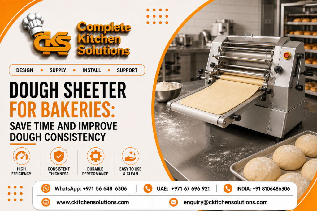 A promotional banner for "Complete Kitchen Solutions" titled "Dough Sheeter for Bakeries: Save Time and Improve Dough Consistency," featuring a tabletop stainless steel commercial dough sheeter rolling out a smooth sheet of pastry dough on a conveyor belt, with dough balls on a baking sheet in the foreground.