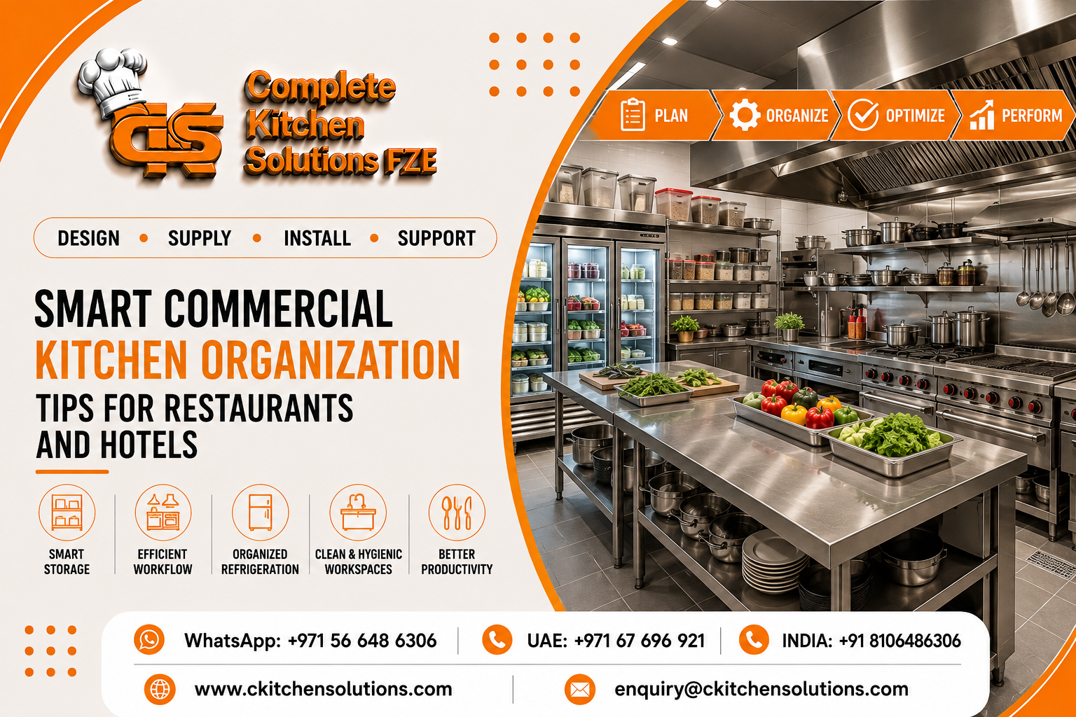A promotional banner for "Complete Kitchen Solutions FZE" titled "Smart Commercial Kitchen Organization: Tips for Restaurants and Hotels," featuring an organized commercial kitchen setup with stainless steel worktables, glass-door reach-in refrigerators, storage shelves, and cooking ranges.