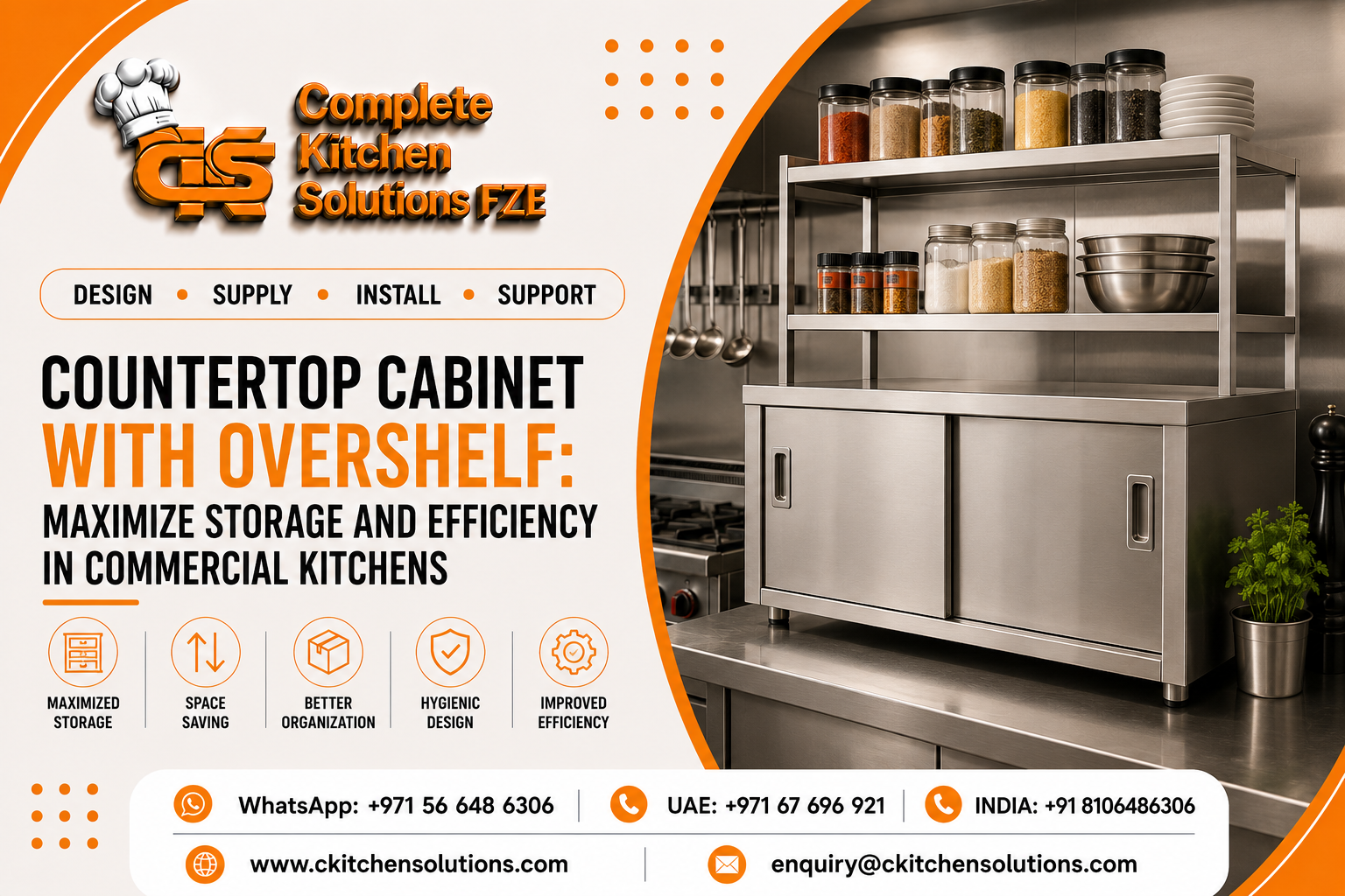 A promotional banner for "Complete Kitchen Solutions FZE" titled "Countertop Cabinet with Overshelf: Maximize Storage and Efficiency in Commercial Kitchens," featuring a stainless steel cabinet with sliding doors and a multi-tier overshelf loaded with spice jars, bowls, and plates on a kitchen worktable.