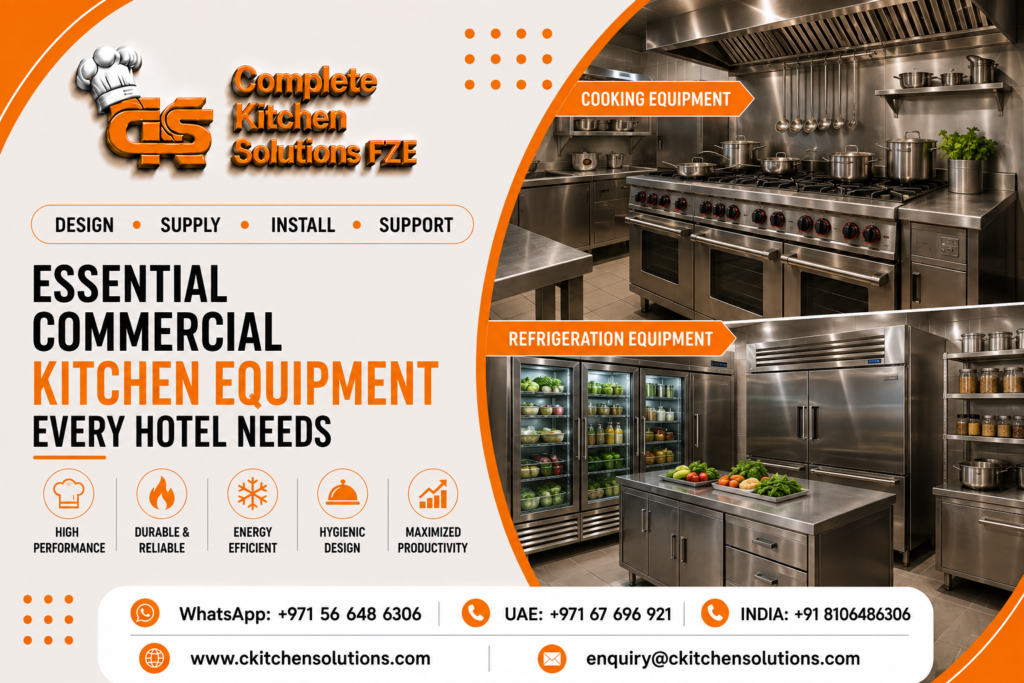 A promotional banner for "Complete Kitchen Solutions FZE" titled "Essential Commercial Kitchen Equipment Every Hotel Needs," split into two right-side image panels displaying commercial gas cooking ranges and industrial refrigeration units in a hotel kitchen setup.