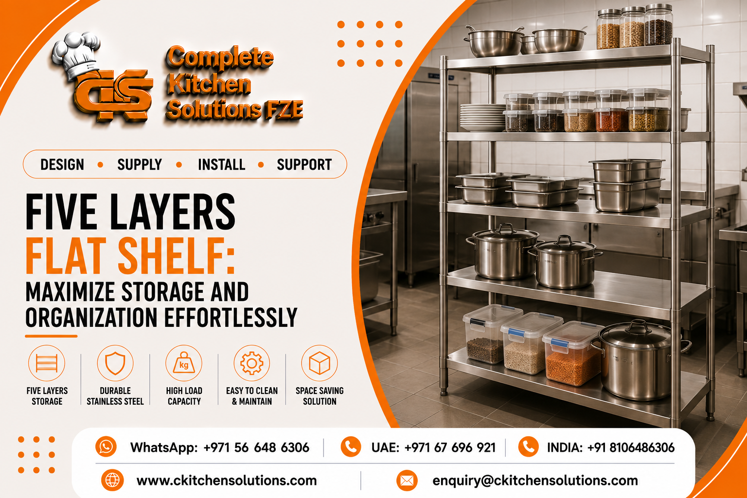 A promotional banner for "Complete Kitchen Solutions FZE" titled "Five Layers Flat Shelf: Maximize Storage and Organization Effortlessly," featuring a heavy-duty five-tier stainless steel flat shelving unit loaded with glass jars, prep containers, cookware, and dry ingredient bins in a commercial kitchen pantry.