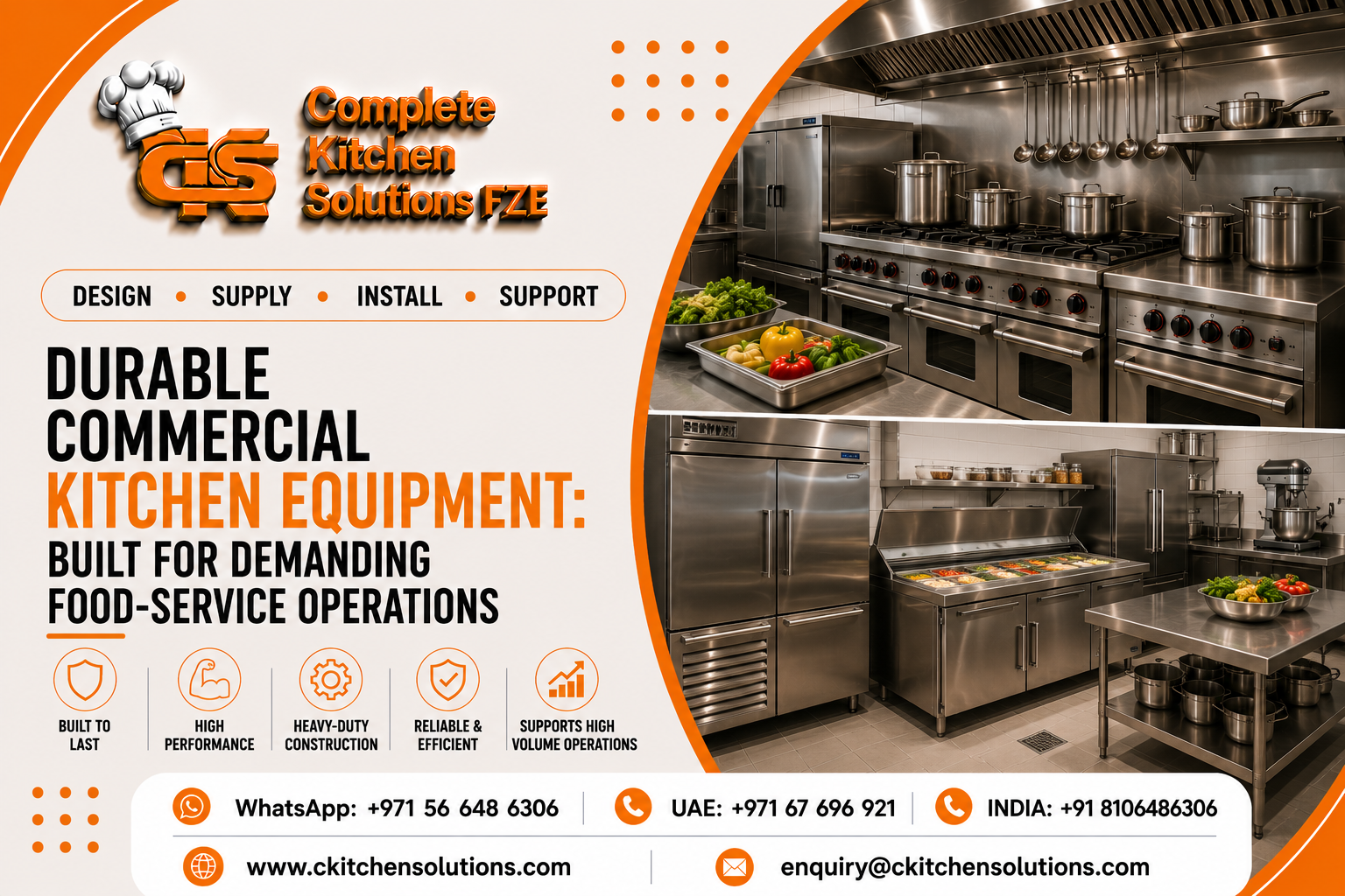 A promotional banner for "Complete Kitchen Solutions FZE" titled "Durable Commercial Kitchen Equipment: Built for Demanding Food-Service Operations," featuring two image panels displaying stainless steel gas cooking ranges, large stockpots, upright commercial freezers, and a refrigerated salad prep counter.
