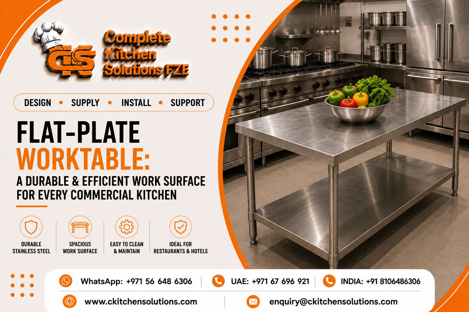 A promotional banner for "Complete Kitchen Solutions FZE" titled "Flat-Plate Worktable: A Durable & Efficient Work Surface for Every Commercial Kitchen," featuring a heavy-duty stainless steel preparation table with an undershelf holding a bowl of fresh bell peppers and greens in a commercial kitchen setting.