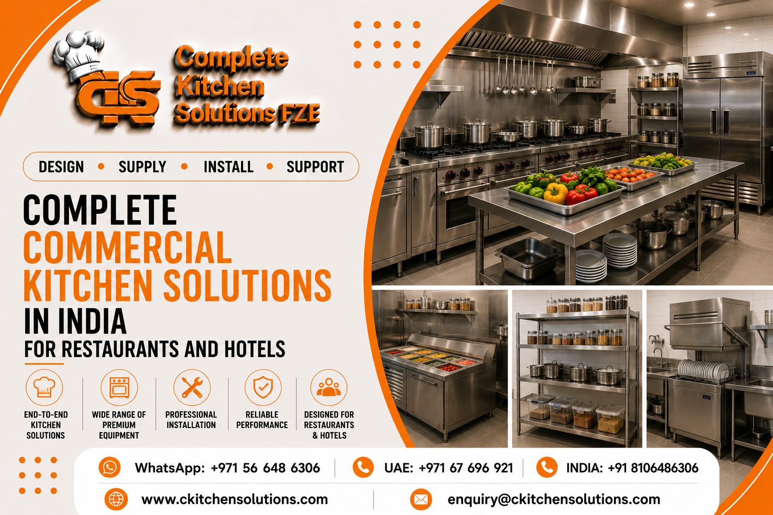 A promotional banner for "Complete Kitchen Solutions FZE" titled "Complete Commercial Kitchen Solutions in India for Restaurants and Hotels," featuring a collage of commercial kitchen setups including gas cooking ranges, prep tables with fresh produce, refrigerated counters, storage shelving, and dishwashing equipment.