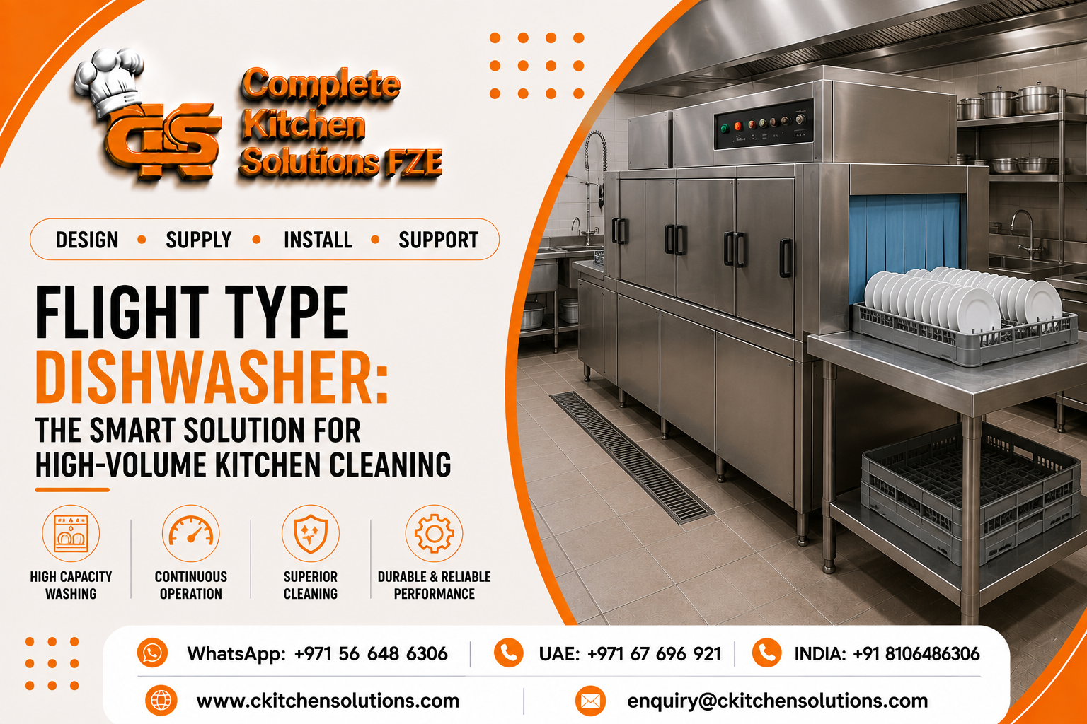 A promotional banner for "Complete Kitchen Solutions FZE" titled "Complete Commercial Kitchen Solutions in India for Restaurants and Hotels," featuring a collage of commercial kitchen setups including gas cooking ranges, prep tables with fresh produce, refrigerated counters, storage shelving, and dishwashing equipment.
