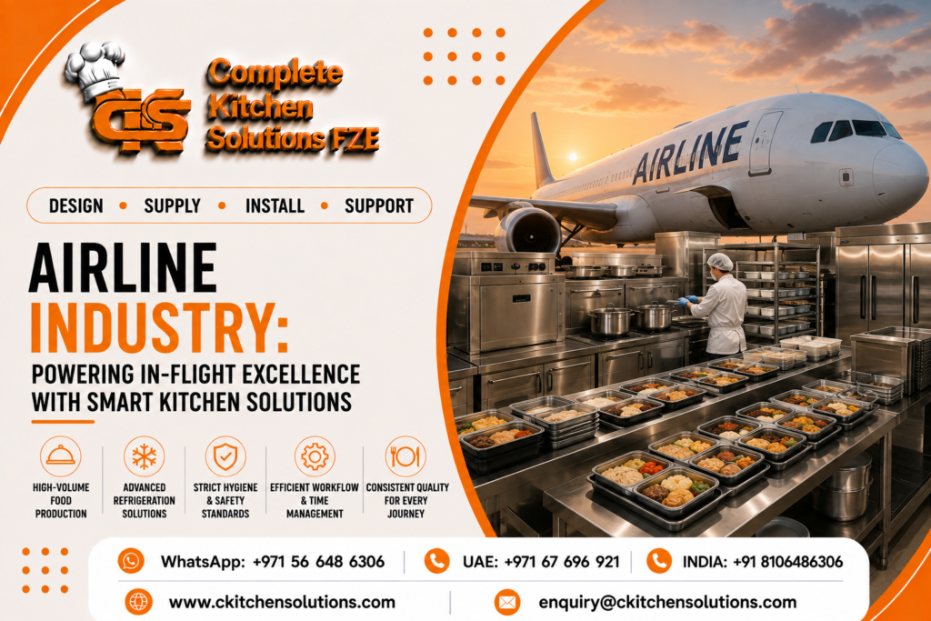 A promotional banner for "Complete Kitchen Solutions FZE" titled "Airline Industry: Powering In-Flight Excellence with Smart Kitchen Solutions," featuring a catering kitchen setup where a chef in protective gear packages in-flight meal trays, with a commercial airliner on the tarmac overlay in the background.