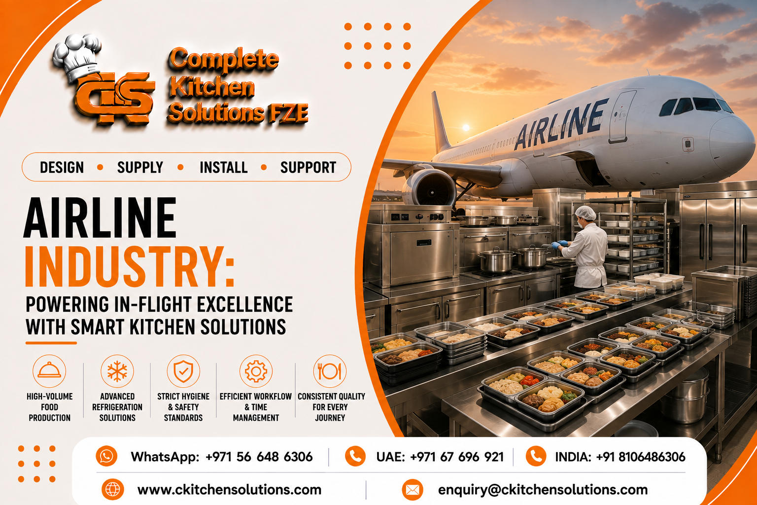 A promotional banner for "Complete Kitchen Solutions FZE" titled "Airline Industry: Powering In-Flight Excellence with Smart Kitchen Solutions," featuring a catering kitchen setup where a chef in protective gear packages in-flight meal trays, with a commercial airliner on the tarmac overlay in the background.