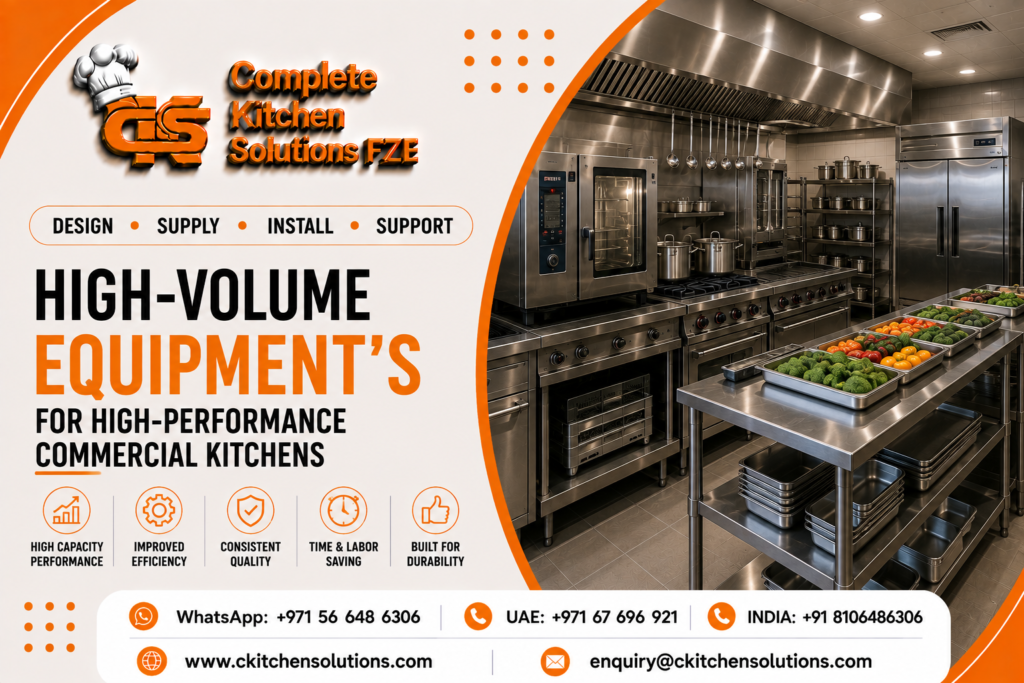 A promotional banner for "Complete Kitchen Solutions FZE" titled "High-Volume Equipment's for High-Performance Commercial Kitchens," featuring an industrial stainless steel kitchen setup with combi ovens, multi-burner gas ranges, upright refrigerators, and a central prep table holding trays of fresh vegetables and nested gastronorm pans.