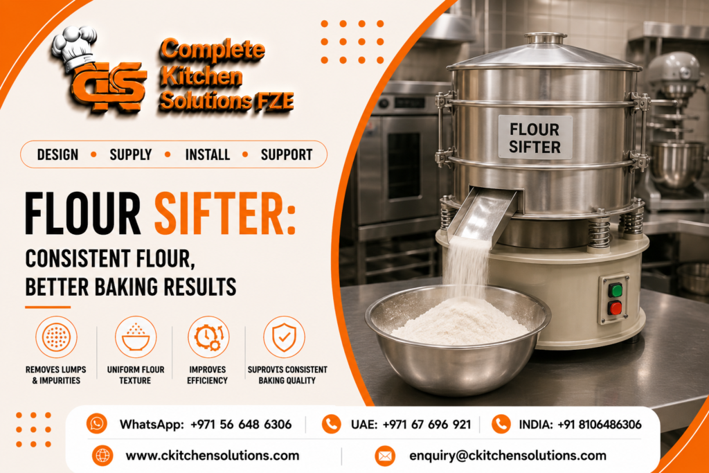 A promotional banner for "Complete Kitchen Solutions FZE" titled "Flour Sifter: Consistent Flour, Better Baking Results," featuring a commercial electric stainless steel flour sifter machine dispensing aerated, fine flour through its chute into a stainless steel bowl on a bakery worktable.