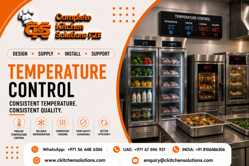 A promotional banner for "Complete Kitchen Solutions FZE" titled "Temperature Control: Consistent Temperature, Consistent Quality," featuring commercial refrigeration units ($2^\circ\text{C}$ and $-18^\circ\text{C}$), a combi oven ($180^\circ\text{C}$), and a heated holding cabinet ($65^\circ\text{C}$) with food pans on a prep counter.