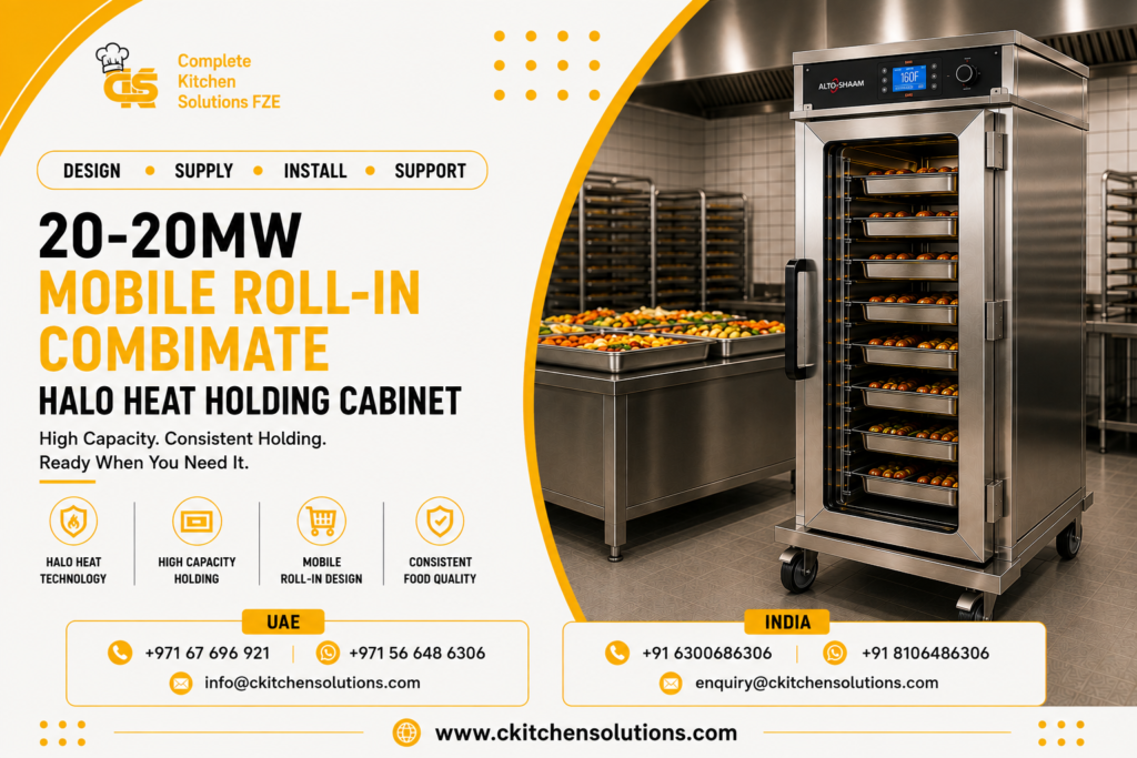 A promotional banner for "Complete Kitchen Solutions FZE" titled "20-20MW Mobile Roll-In Combimate Halo Heat Holding Cabinet: High Capacity. Consistent Holding. Ready When You Need It," featuring an Alto-Shaam mobile heated holding cabinet on heavy-duty casters displaying multi-tier pans of warm food beside a stainless steel prep station in a commercial kitchen.