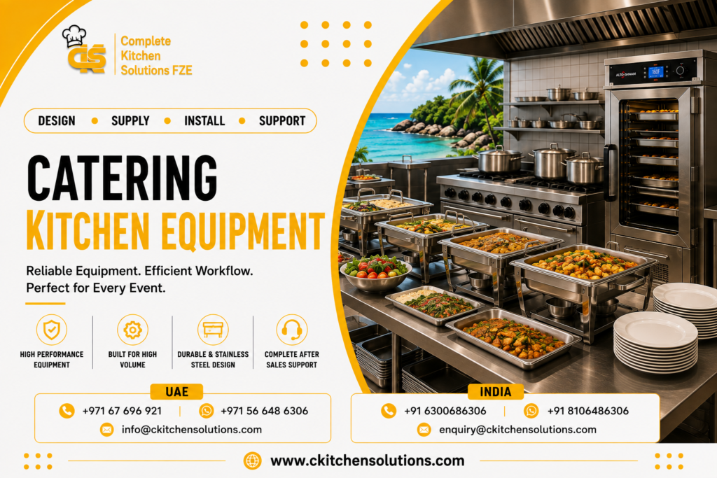 A promotional banner for "Complete Kitchen Solutions FZE" titled "Catering Kitchen Equipment: Reliable Equipment. Efficient Workflow. Perfect for Every Event," featuring stainless steel chafing dishes loaded with buffet food, stacked plates, a gas cooking range line, and an Alto-Shaam heated holding cabinet set against a tropical ocean view background.