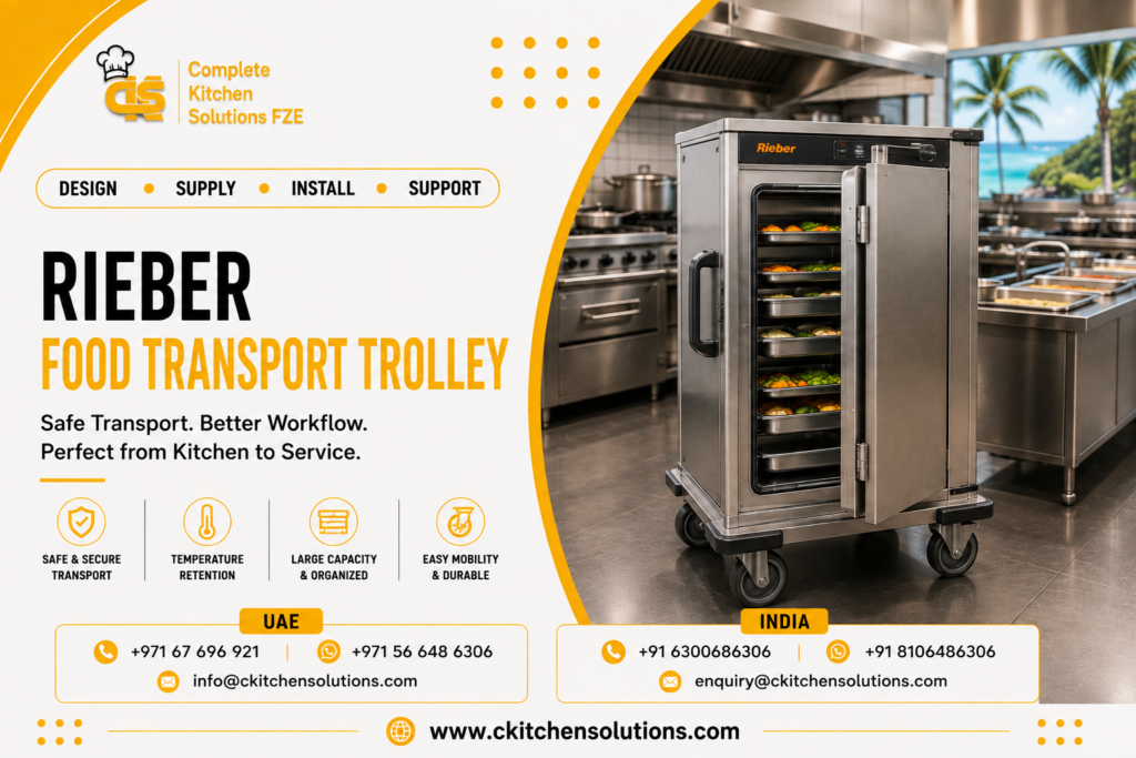 A promotional banner for "Complete Kitchen Solutions FZE" titled "Rieber Food Transport Trolley: Safe Transport. Better Workflow. Perfect from Kitchen to Service," featuring a mobile stainless steel Rieber insulated food transport cart with its door open showing multi-tier gastronorm food pans in a resort kitchen setting.