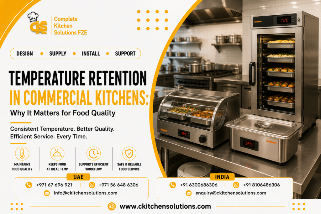 A promotional banner for "Complete Kitchen Solutions FZE" titled "Temperature Retention in Commercial Kitchens: Why It Matters for Food Quality," featuring Rieber heated food holding equipment, including a countertop display warmer set at 70°C, a digital warming chafing well set at 65°C, and an upright heated holding cabinet set at 75°C on a stainless steel commercial kitchen table.