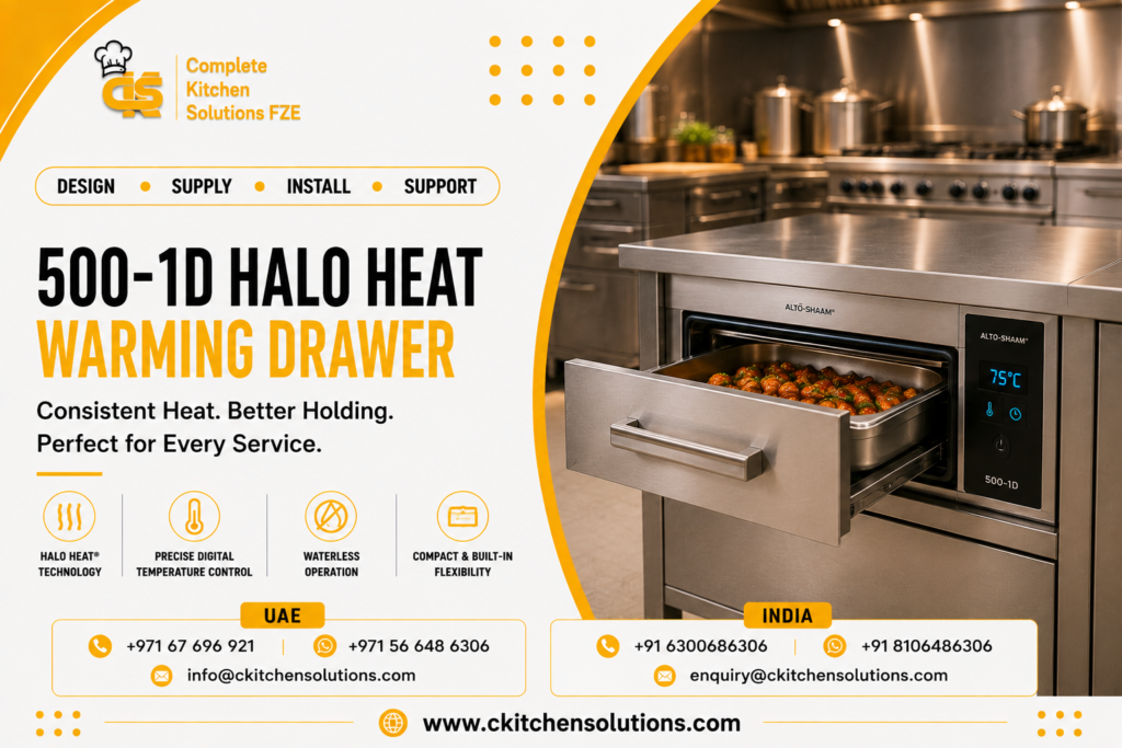 A promotional banner for "Complete Kitchen Solutions FZE" titled "500-1D Halo Heat Warming Drawer: Consistent Heat. Better Holding. Perfect for Every Service," featuring a built-in stainless steel Alto-Shaam warming drawer unit pulled open to display a full pan of warm glazed meatballs set digitally to 75°C in a commercial kitchen work station.