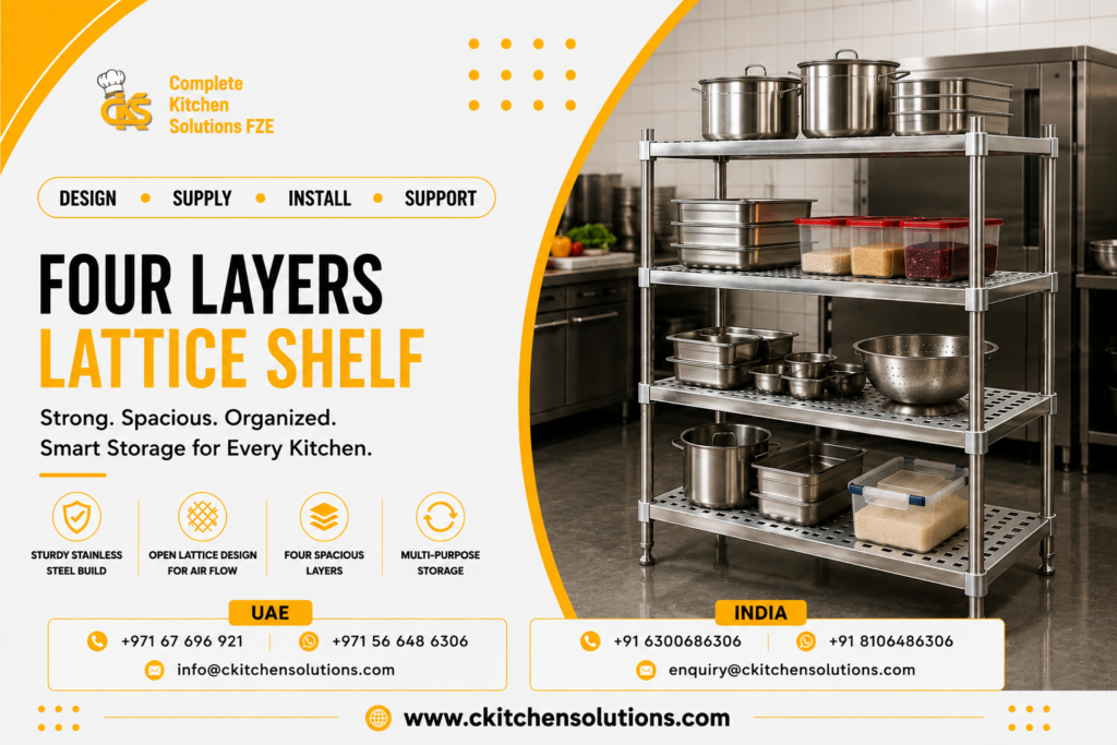 A promotional banner for "Complete Kitchen Solutions FZE" titled "Four Layers Lattice Shelf: Strong. Spacious. Organized. Smart Storage for Every Kitchen," featuring a four-tier stainless steel open-lattice perforated shelving unit stocked with commercial stockpots, food pans, a colander, and dry ingredient containers in a commercial kitchen.