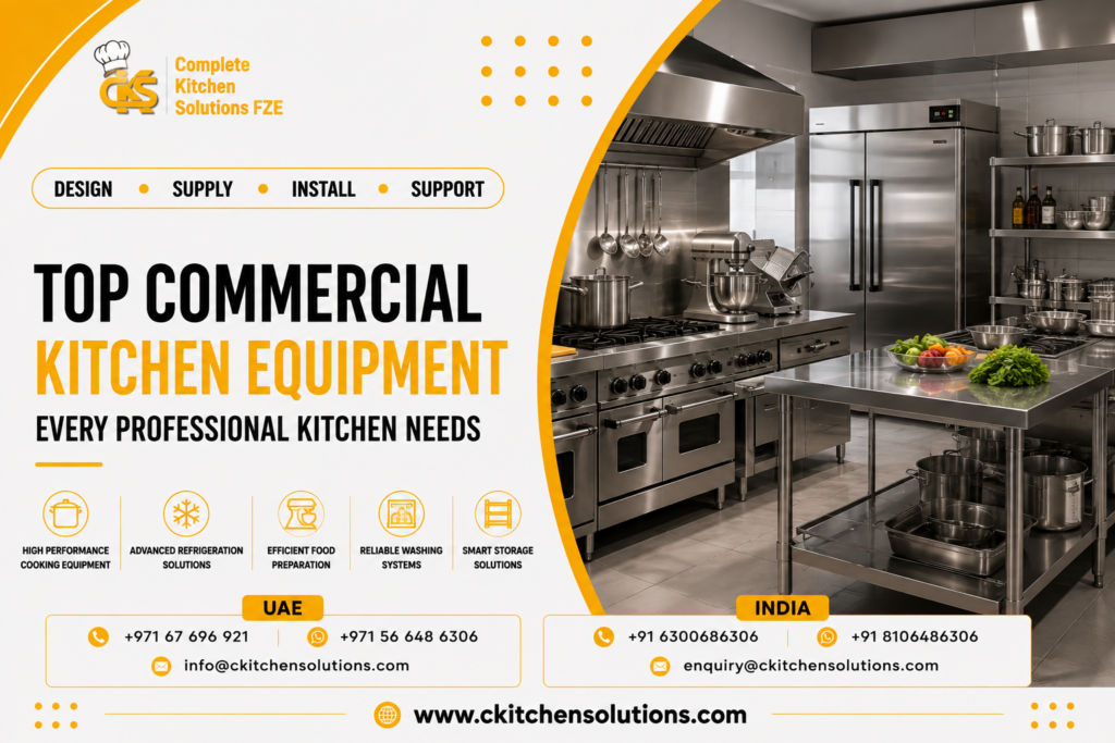 A promotional banner for "Complete Kitchen Solutions FZE" titled "Top Commercial Kitchen Equipment Every Professional Kitchen Needs," featuring a fully equipped commercial stainless steel kitchen setup with multi-burner gas cooking ranges, upright refrigerators, a planetary mixer, slicer, prep tables, and multi-tier storage racks.