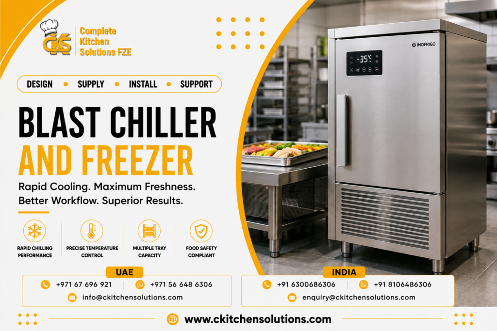 A promotional banner for "Complete Kitchen Solutions FZE" titled "Blast Chiller and Freezer: Rapid Cooling. Maximum Freshness. Better Workflow. Superior Results," featuring an Inofrigo stainless steel commercial blast chiller and freezer set to -35°C next to a prep table holding a multi-compartment food tray in a professional kitchen.