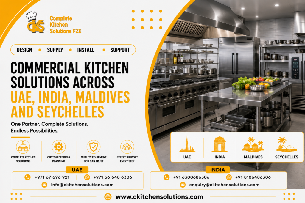 A promotional banner for "Complete Kitchen Solutions FZE" titled "Commercial Kitchen Solutions Across UAE, India, Maldives and Seychelles," featuring a commercial stainless steel kitchen setup with multi-burner gas ranges, upright refrigerators, combi ovens, and prep tables, alongside geographic icons for the UAE, India, Maldives, and Seychelles.
