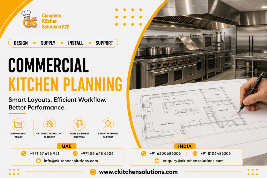 A promotional banner for "Complete Kitchen Solutions FZE" titled "Commercial Kitchen Planning: Smart Layouts. Efficient Workflow. Better Performance," featuring an architect's hand sketching a detailed commercial kitchen blueprint layout superimposed over an industrial stainless steel cooking line and kitchen facility.