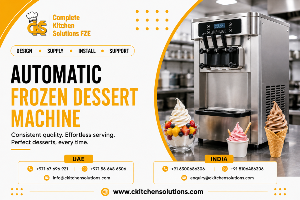 A promotional banner for "Complete Kitchen Solutions FZE" titled "Automatic Frozen Dessert Machine: Consistent quality. Effortless serving. Perfect desserts, every time," featuring a commercial stainless steel three-lever soft serve ice cream and frozen dessert machine on a prep table alongside a waffle cone, a cup of strawberry soft serve, and a glass bowl sundae with fresh fruit.
