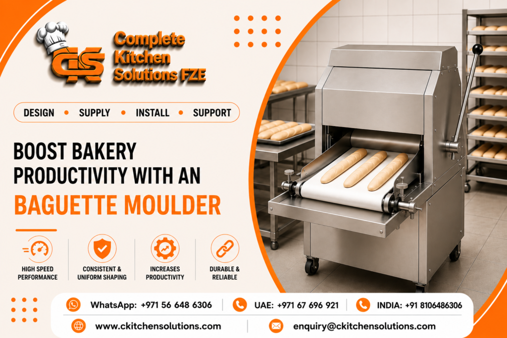 A commercial stainless steel baguette moulder machine shaping dough loaves onto a conveyor belt in a bakery setup, branded by Complete Kitchen Solutions FZE.