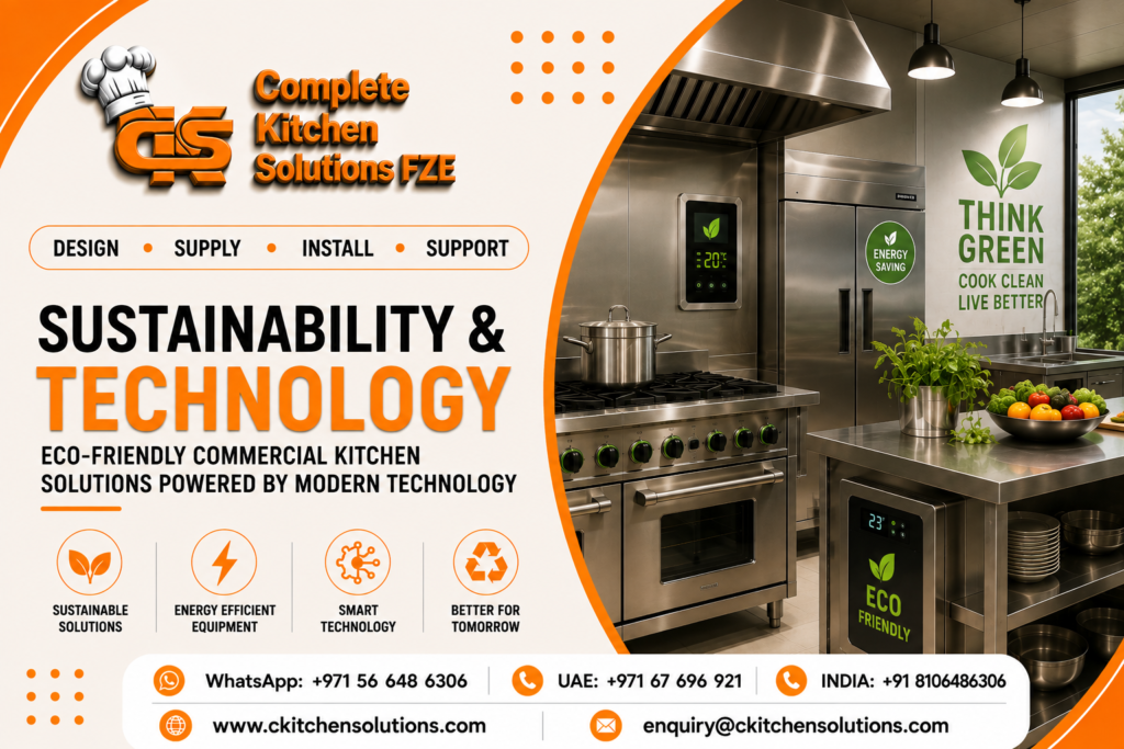 An energy-efficient commercial stainless steel kitchen featuring smart digital controls, energy-saving refrigerators, and green technology branding by Complete Kitchen Solutions FZE.