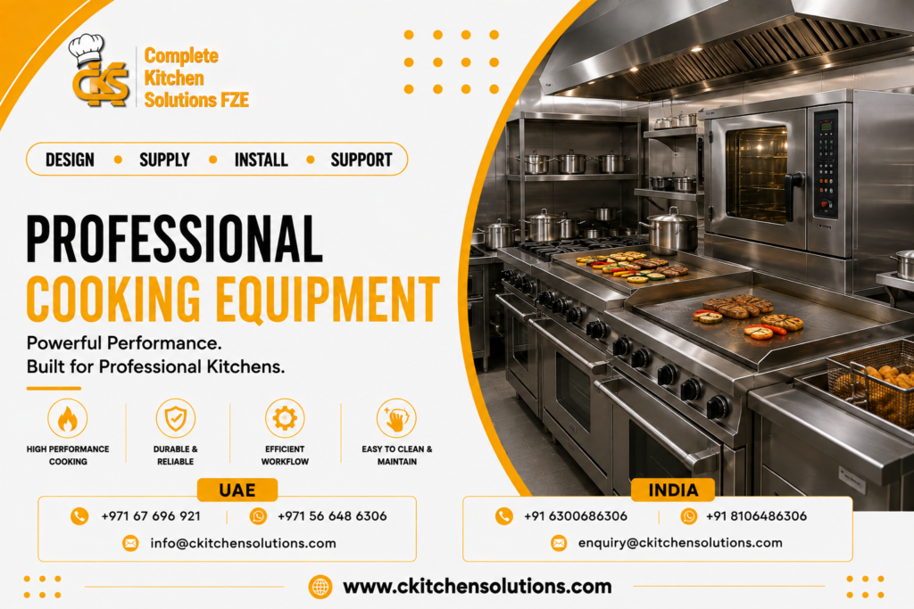 A promotional banner for "Complete Kitchen Solutions FZE" titled "Professional Cooking Equipment: Powerful Performance. Built for Professional Kitchens," featuring a heavy-duty stainless steel cooking suite with flat-top griddles searing food, commercial gas ranges with built-in ovens, a combi oven, a deep fryer, and overhead ventilation hoods.