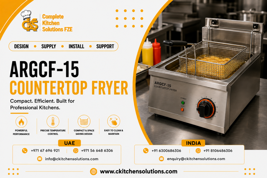 A promotional banner for "Complete Kitchen Solutions FZE" titled "ARGCF-15 Countertop Fryer: Compact. Efficient. Built for Professional Kitchens," featuring a commercial stainless steel electric countertop deep fryer with an immersed wire mesh basket actively frying golden-brown food on a stainless steel kitchen counter.